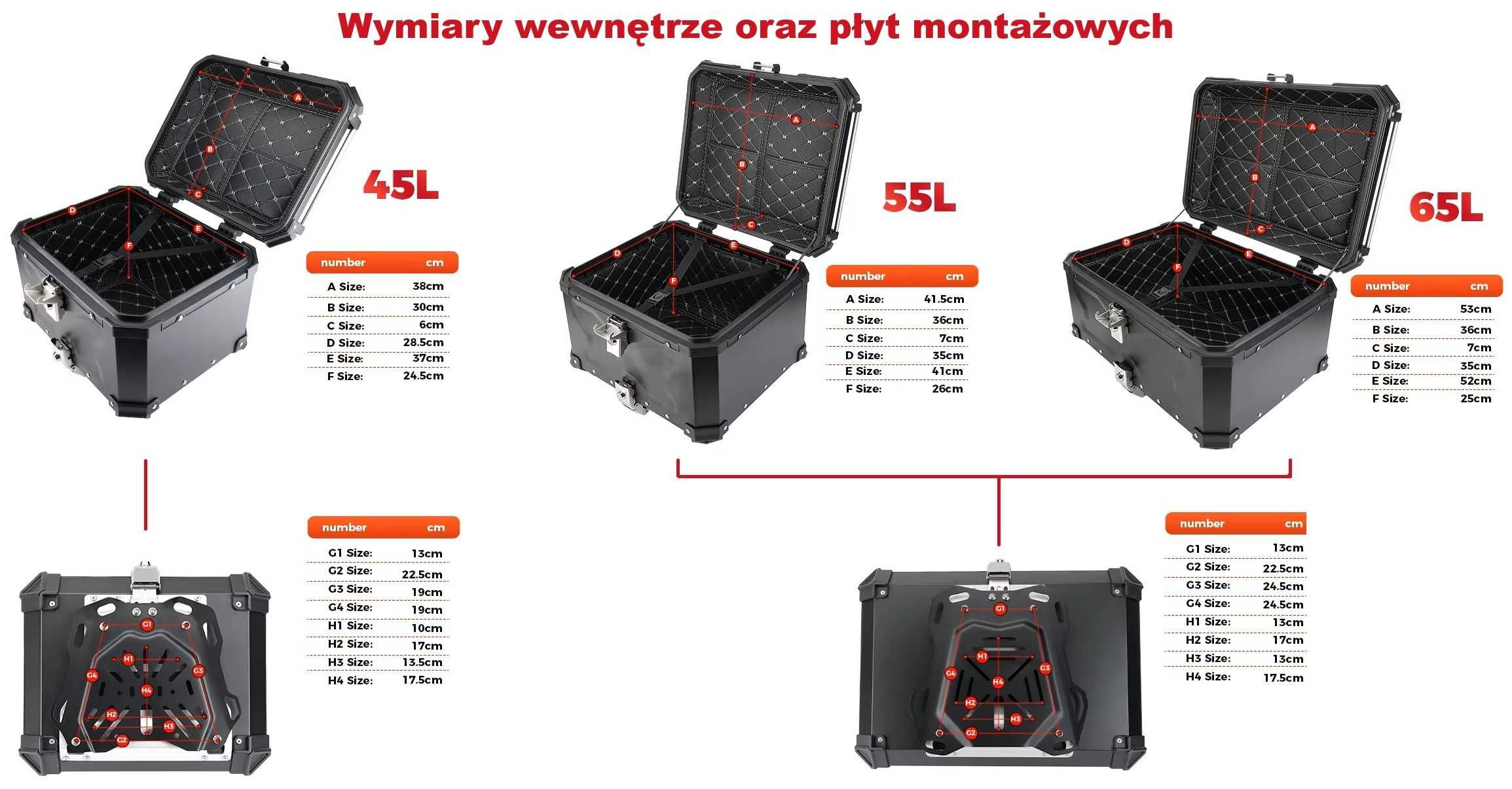 ALUMINIOWY kufer motocyklowy centralny CZARNY 45L / 55L / 65L+ PŁYTA