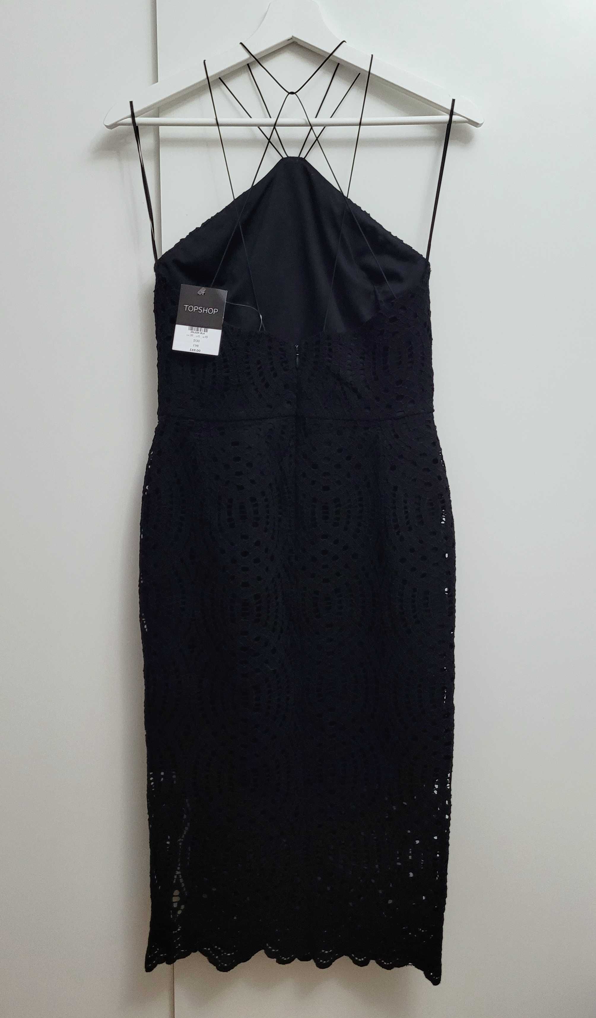 Topshop czarna sukienka midi gipura koronka koronkowa halter 36 38 S M