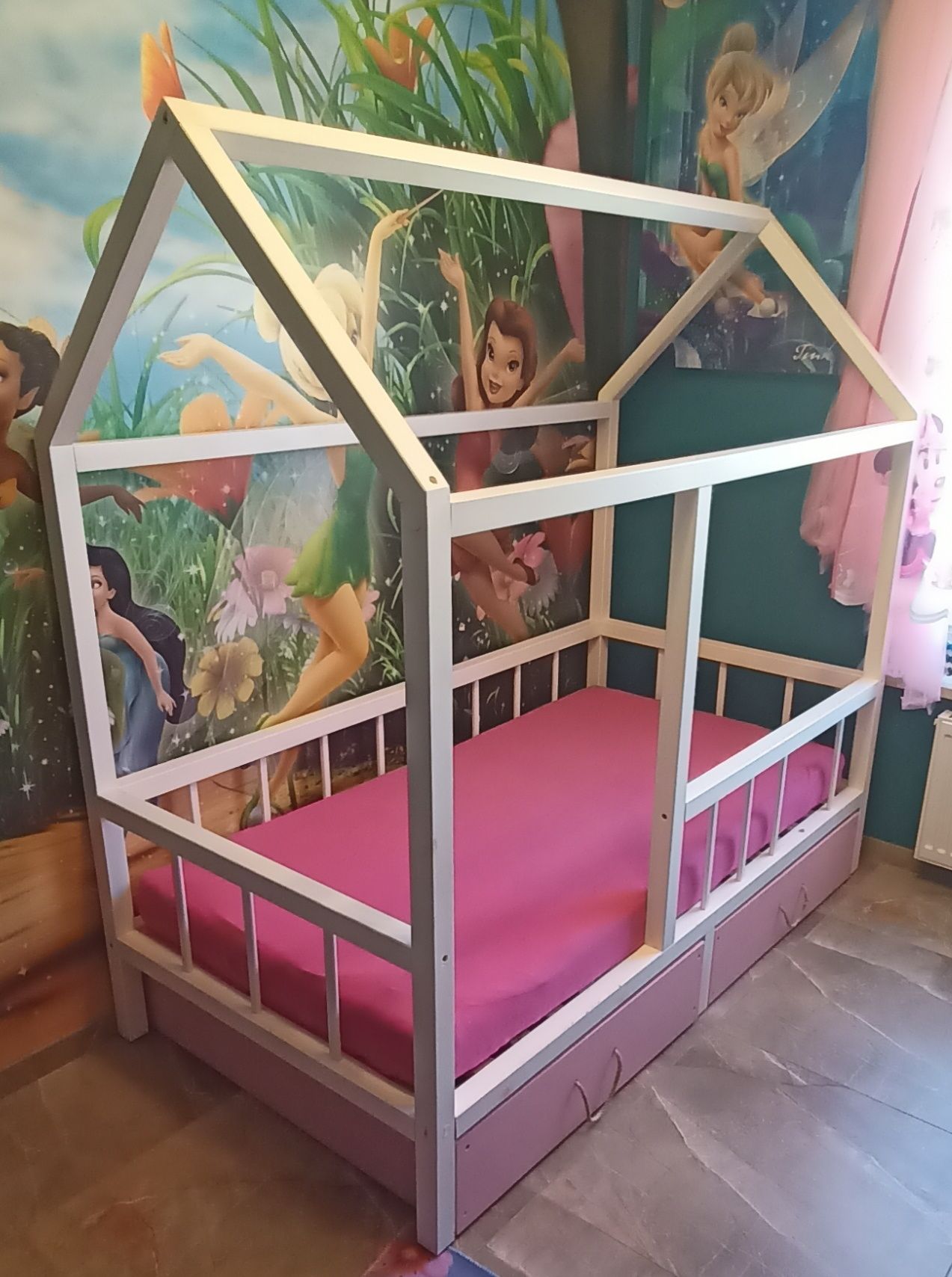 Łóżko dziecięce drewniane domek z 2 szufladami+materac itd..