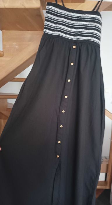 Długa czarna sukienka z białym wzorem - 100% bawełna