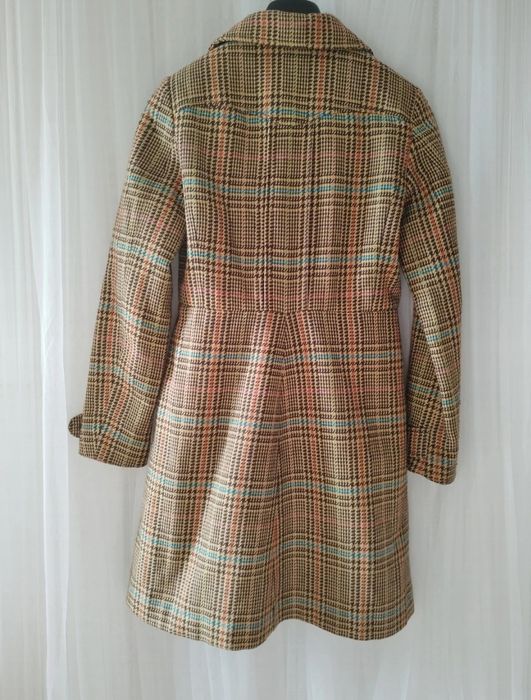 Piękny stylizowany płaszcz w kratkę brąz taliowany 38 M retro styl