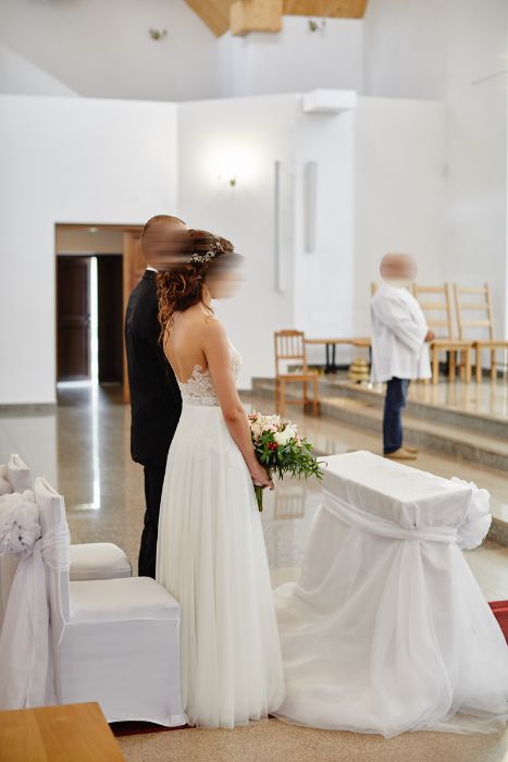 Suknia Ślubna Tiul Koronka Anna Kara - śmietankowa biel