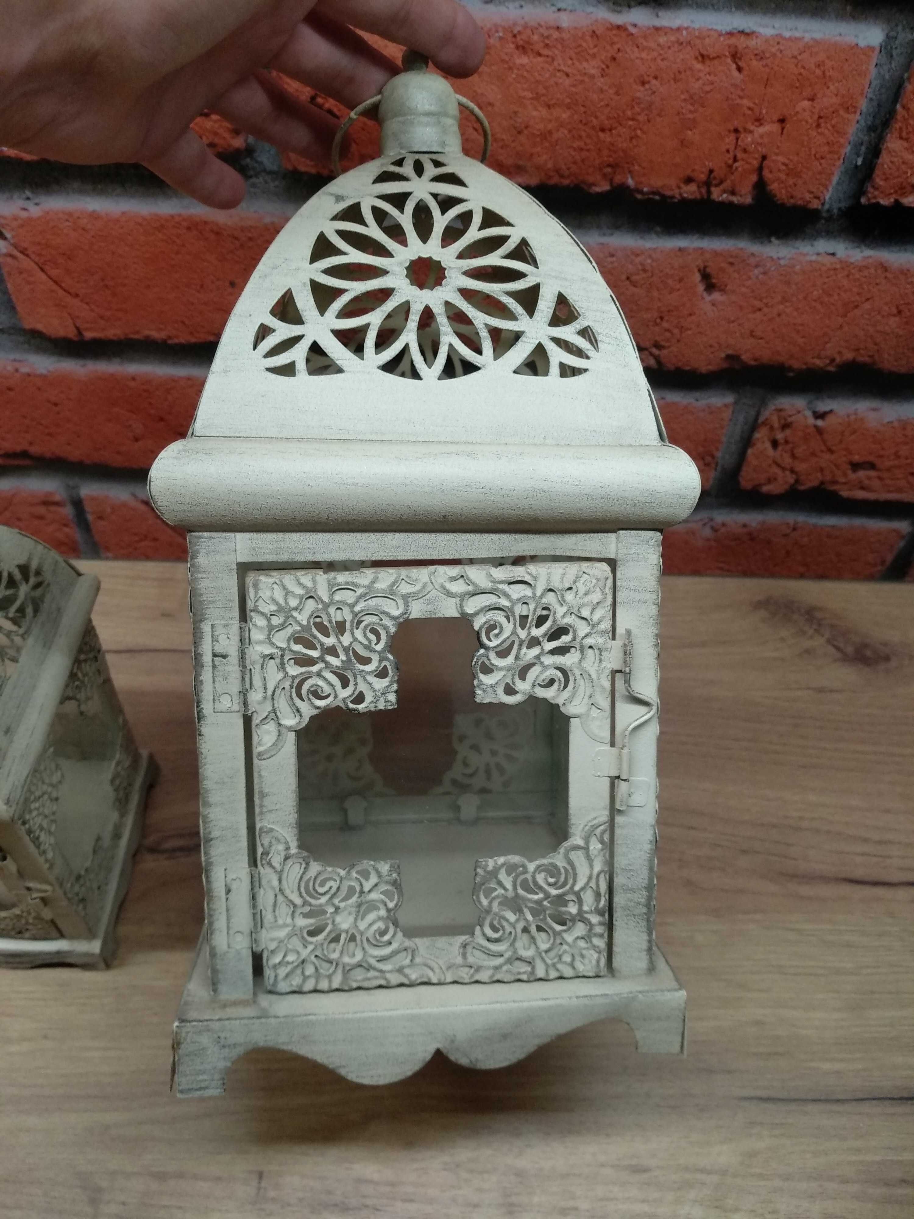 Zestaw dwie latarenki metal szkło postarzane przecierane vintage