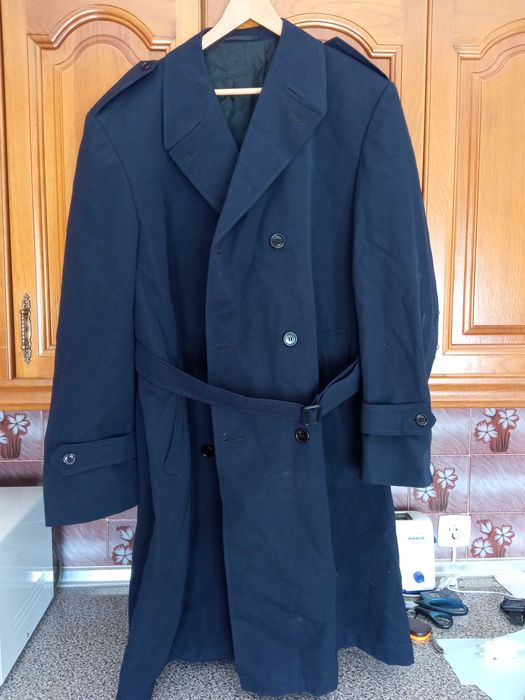 Gabardina vintage militar belga azul escuro unissex