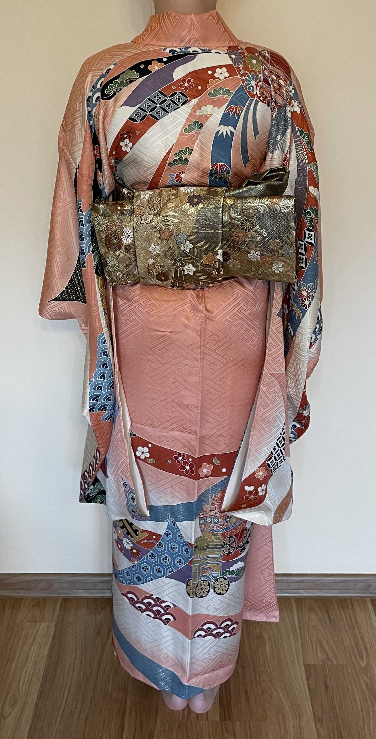 Japońskie kimono furisode + pas obi + sznur obijime