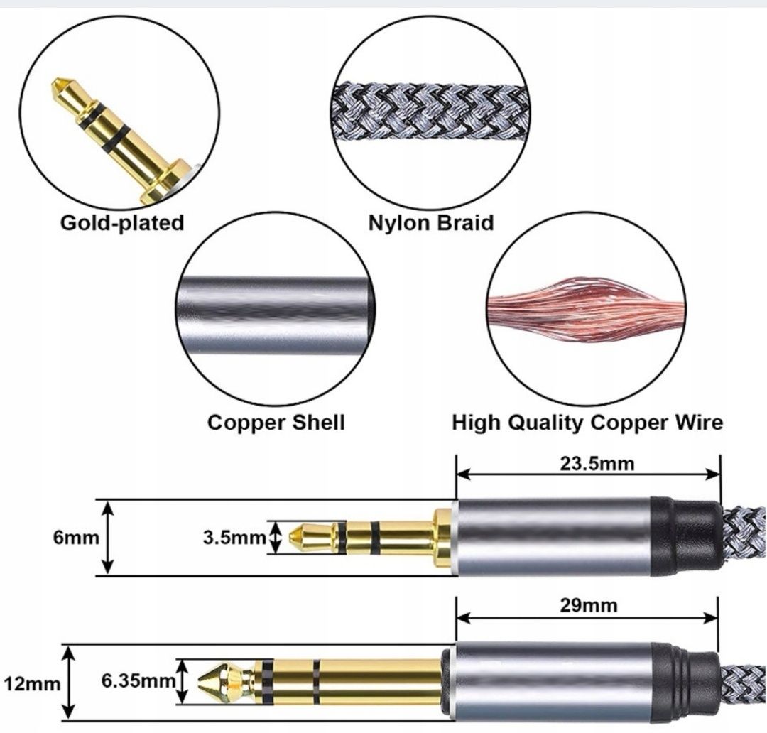 Kabel audio stereo 3,5 mm do 6,35 mm 4m gitary i urządzeń kina domoweg
