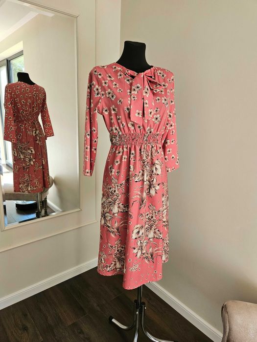 Sukienka midi różowa beżowe kwiaty L XL