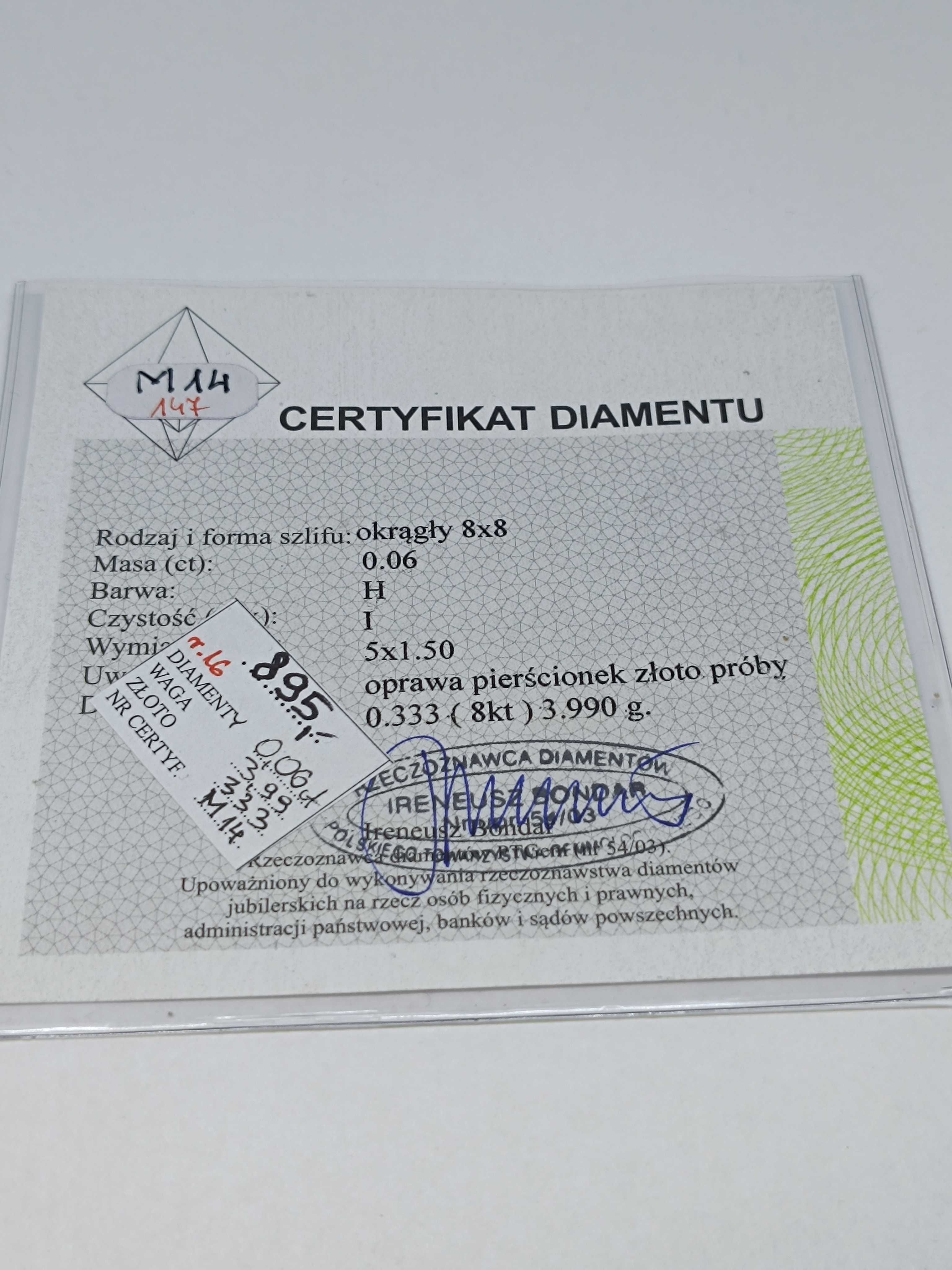 Złoty pierścionek obrączka z diamentami roz.16 złoto próby 333