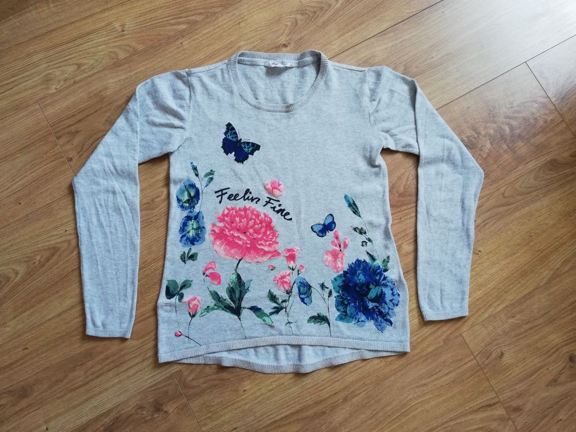 (r. XS / S) cienki sweter H&M, szary, kwiaty