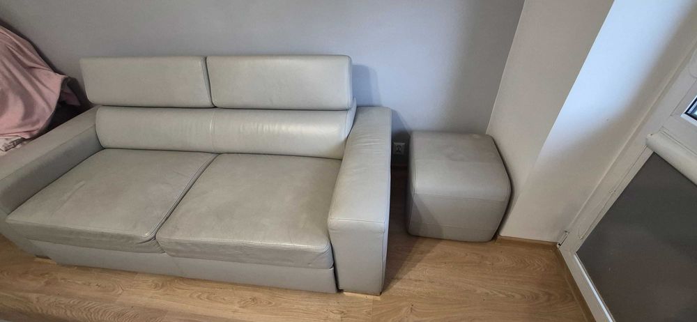 Meble skórzane kanapa z funkcja spania + fotel + pufa skóra.