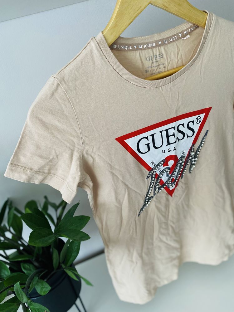 Koszulka damska Guess beżowa nadruk tshirt bluzka