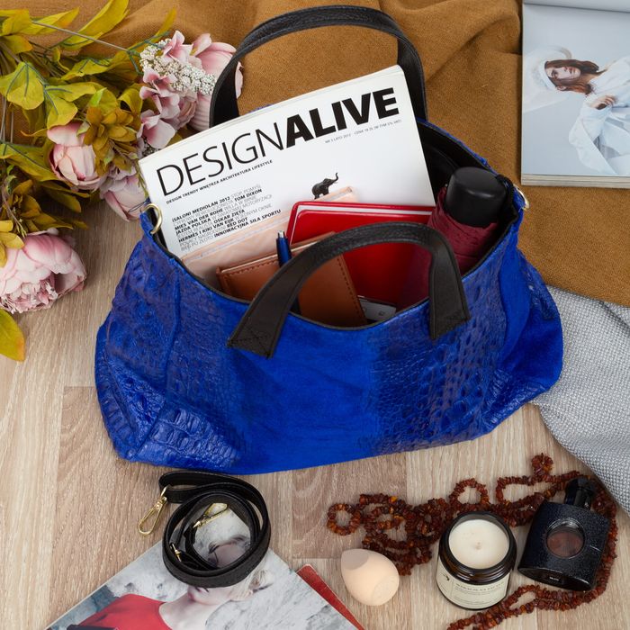 VERA PELLE torebka zamszowa shopper kroko z paskiem V543 chabrowa