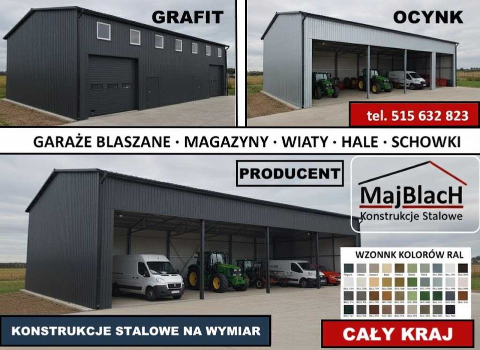 Dwuspadowy Grafitowy Garaż Blaszany - Otwarty Hala -Wiata  - Maj-Blach