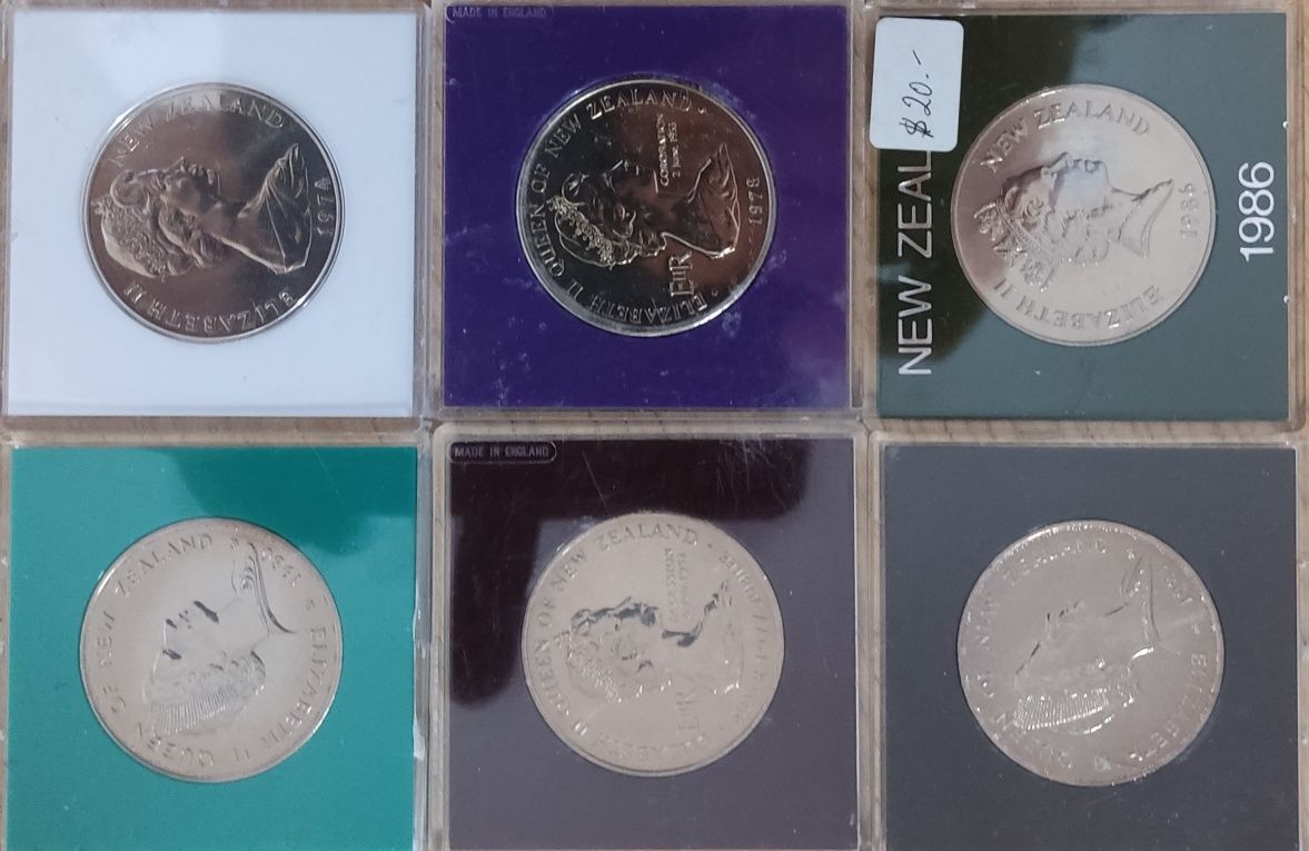Zestaw 10 kolekcjonerskich monet nowozelandzkich 1 $ 40 mm średnicy !!