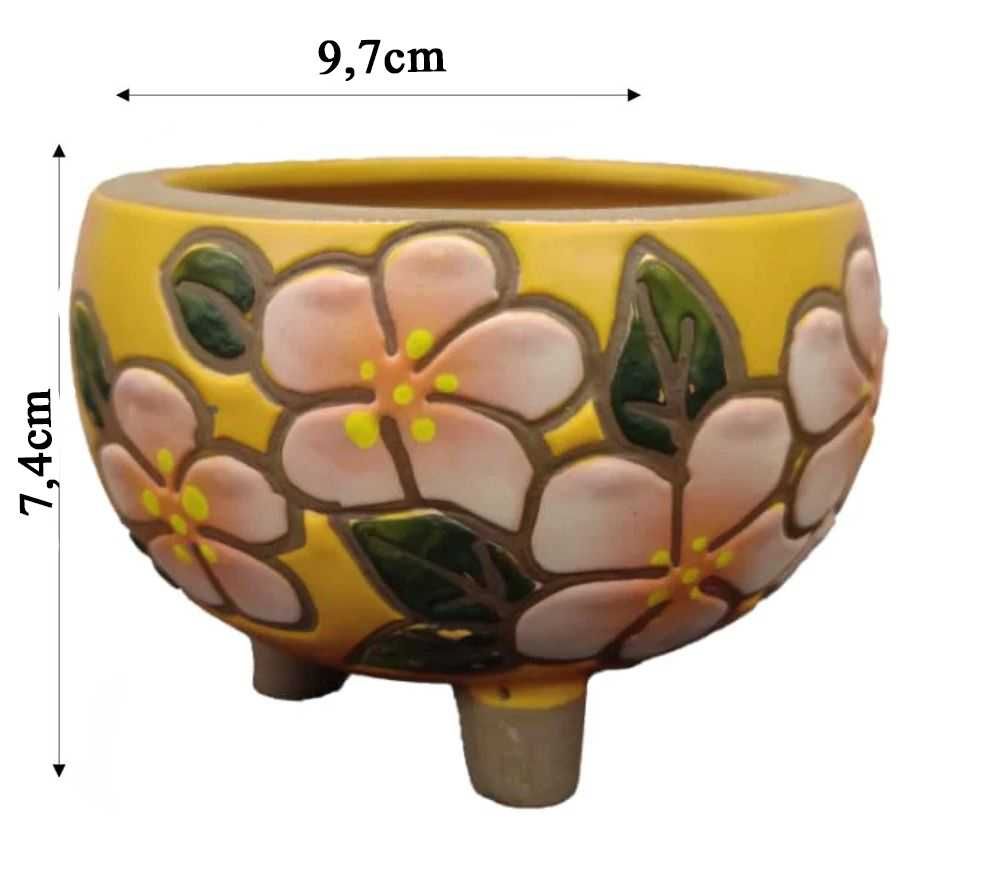 Doniczka ceramiczna ręcznie malowana, otwór drenażowy, żółta okrągła