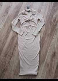 Beżowa sukienka maxi długa na długi rękaw z kołnierzykiem