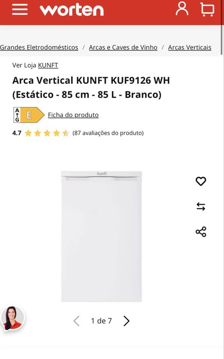 Arca Vertical KUNFT KUF9126 WH – 85L – Usada, em bom estado