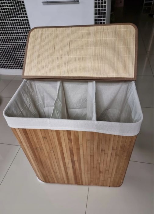 Kosz na pranie bambusowy 150L z 3 przegródkami – nowy