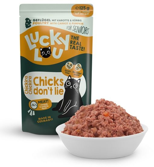 Karma dla starszych kotów bez GMO, cukru i zbóż - Lucky Lou DRÓB 125g