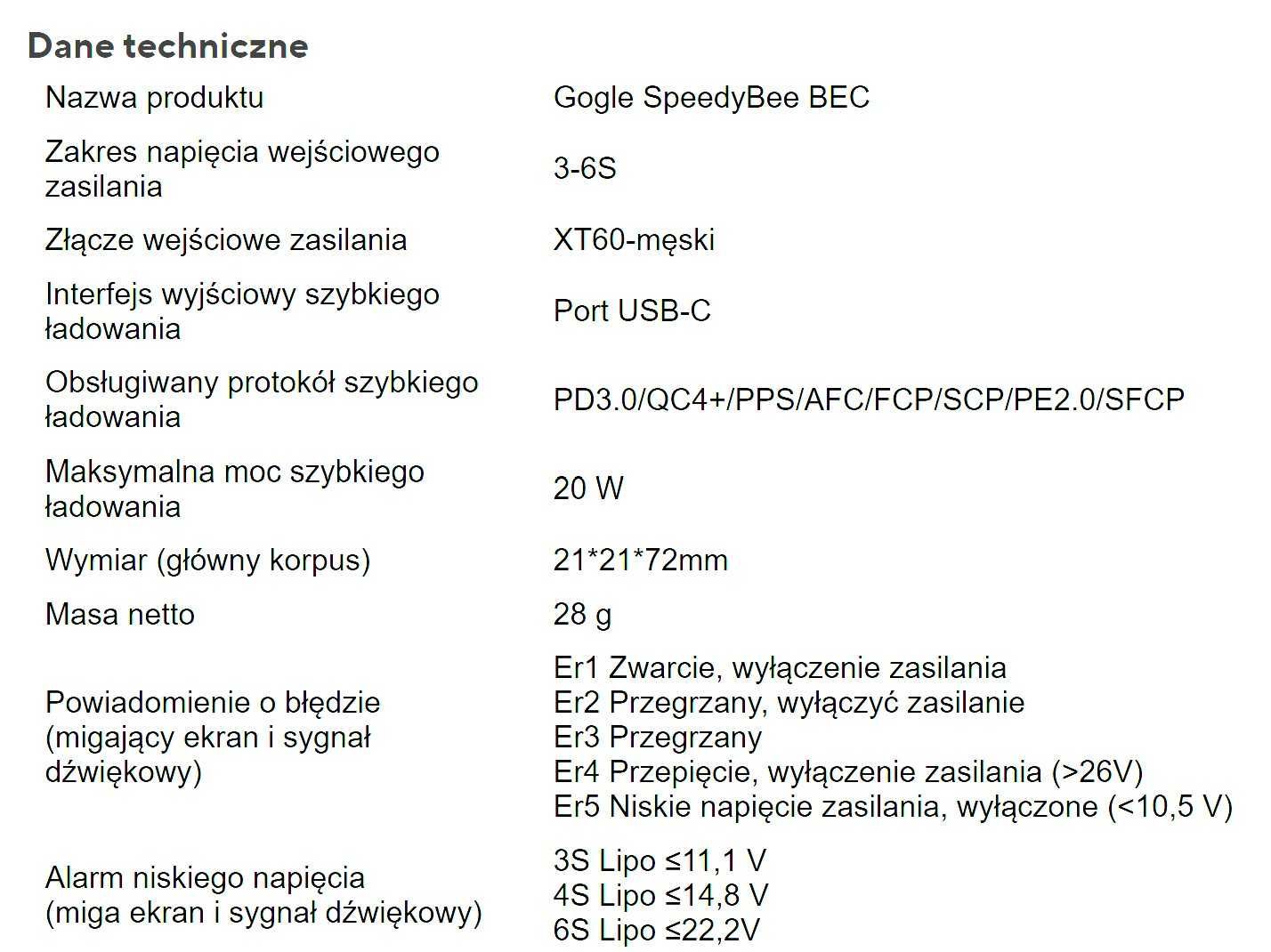 Fast Charging ładowanie telefonu, zasilacz do Gogli SpeedyBee BEC 20W