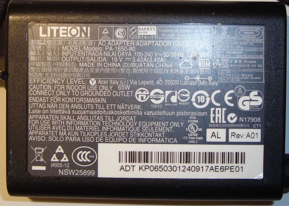 Блок питания для ноутбуков Acer 19V 3.42A 65W 3.0x1.1mm. (PA-1650-80)