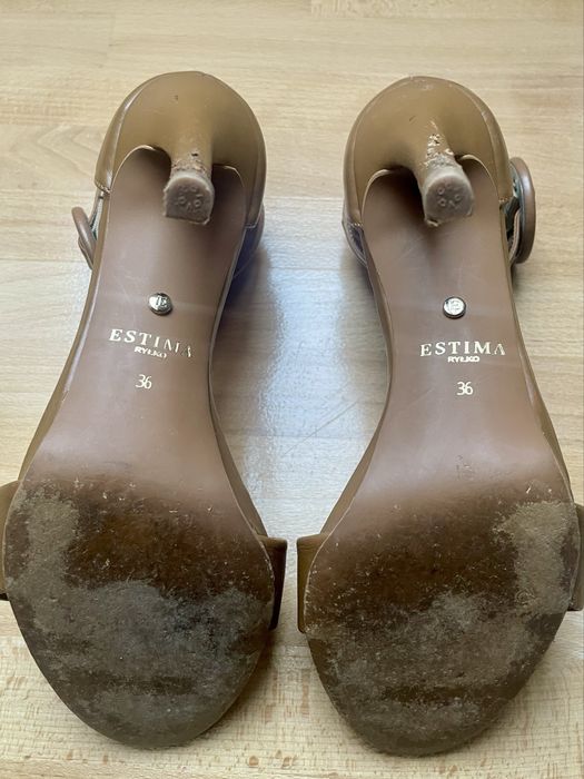 Sandałki szpilki obcasy rozmiar 36 Ryłko brązowo beżowe skórzane