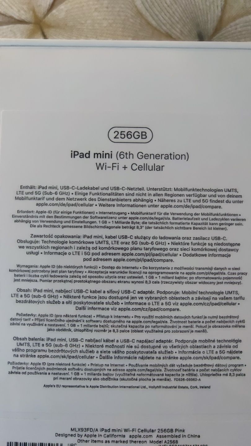 Tablet Apple iPad Mini 6 gen 256GB 5G Pink Cellular
