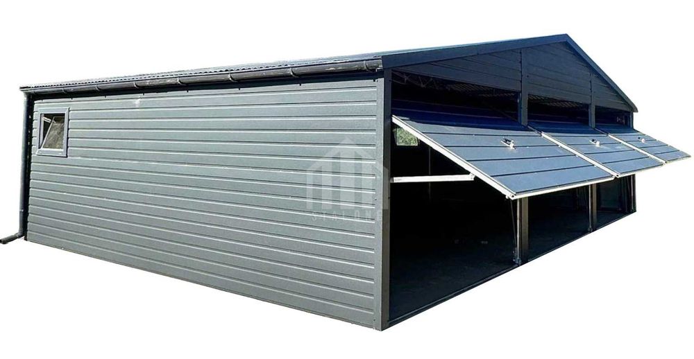 Garaż blaszany 9x5m - 3x brama, 2x okno drzwi antracyt rynny SO143