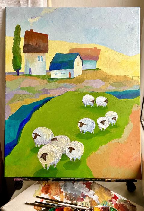 Ręcznie malowany obraz "Spokój na wsi"