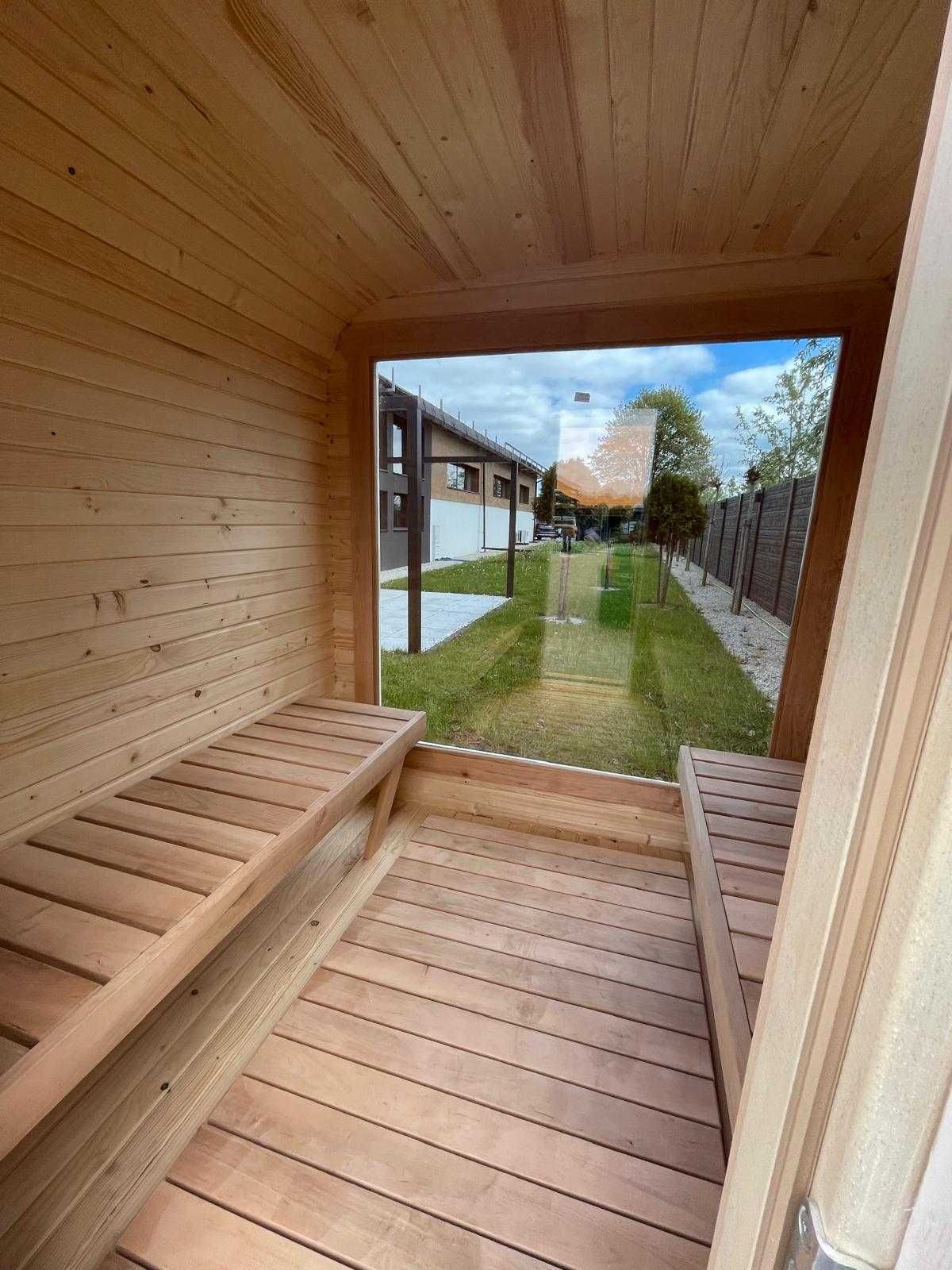 Sauna ogrodowa kwadro beczka 2mx2m duże okno Panorama dostępna od RĘKI