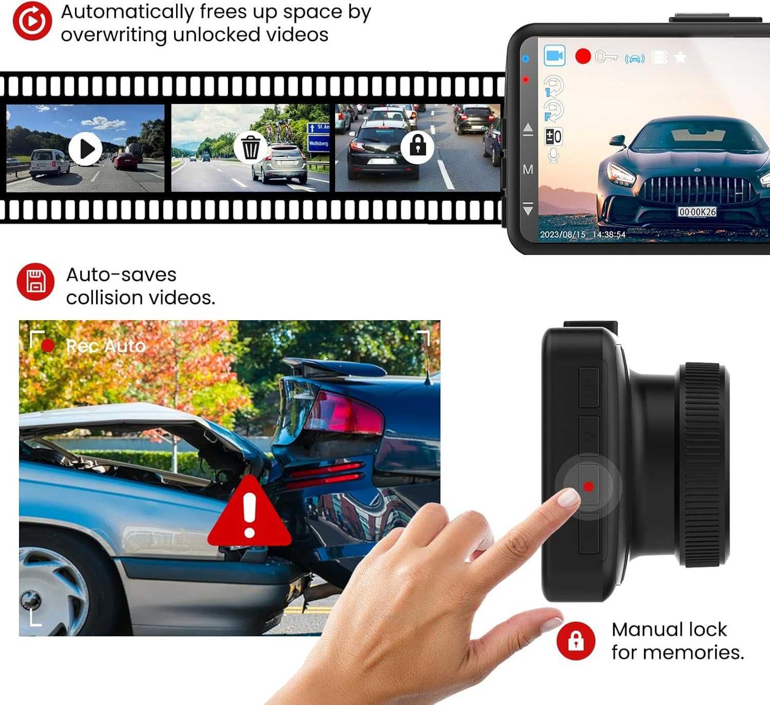 Kamera samochodowa 2K, 3" LCD z kartą 64 GB Udatuhao
