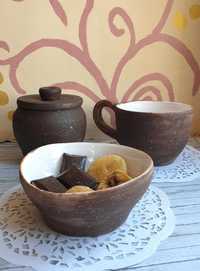 Набір керамічного посуду ручної роботи: чашка, цукорниця та піала