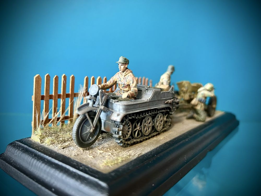 Diorama 1:35 Kettenkrad, armata PaK, model figurki, 2 wojna