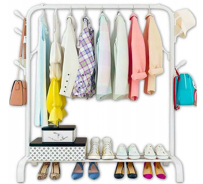 Wieszak podłogowy STOJAK NA UBRANIA buty stojący do garderoby BIAŁY