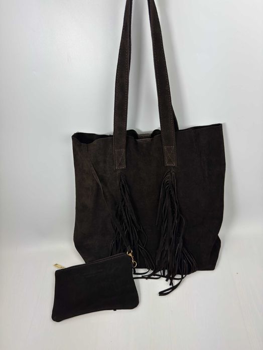 WŁOSKA Zamszowa Torebka shopper worek skórzana 100% + kosmetyczka