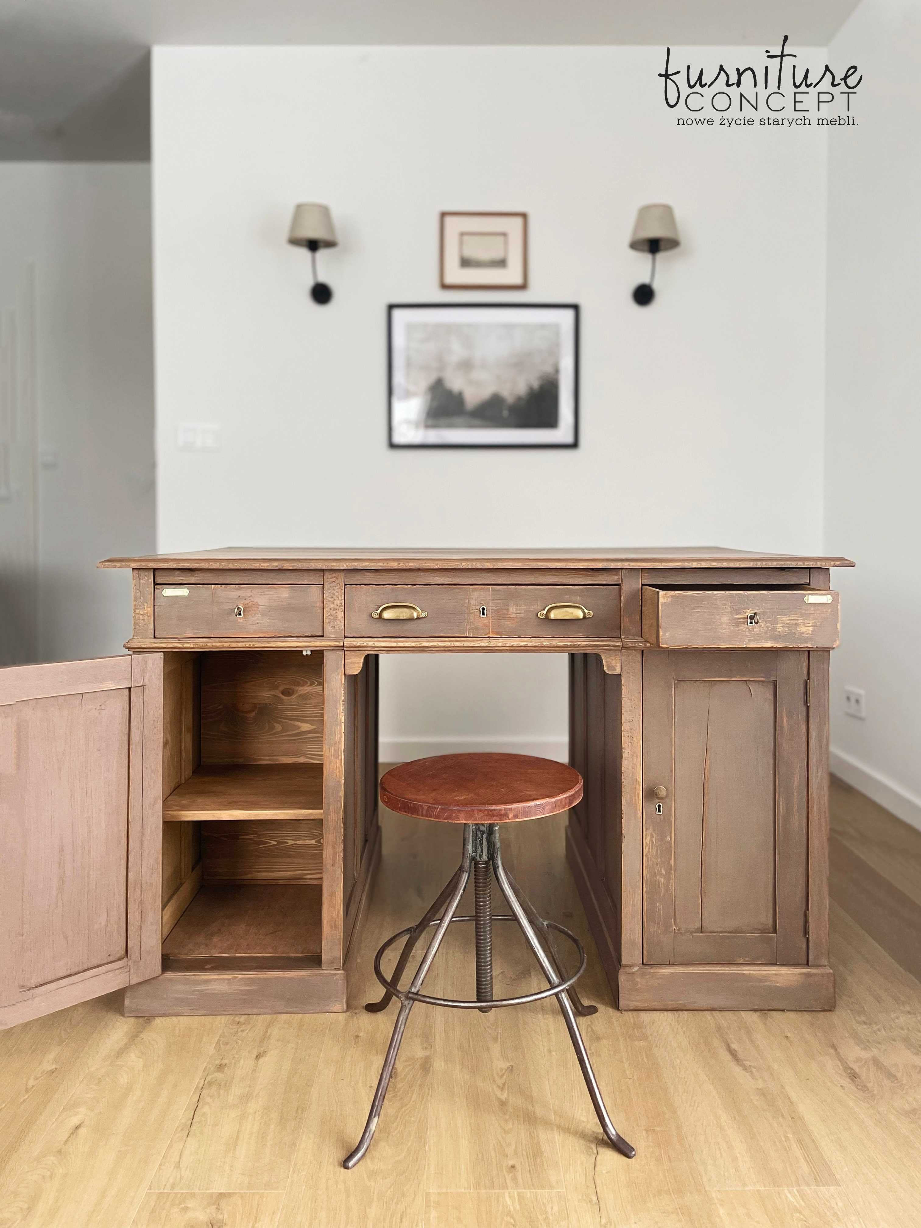 Duże dębowe biurko drewniane postarzane farmhouse brązowe vintage