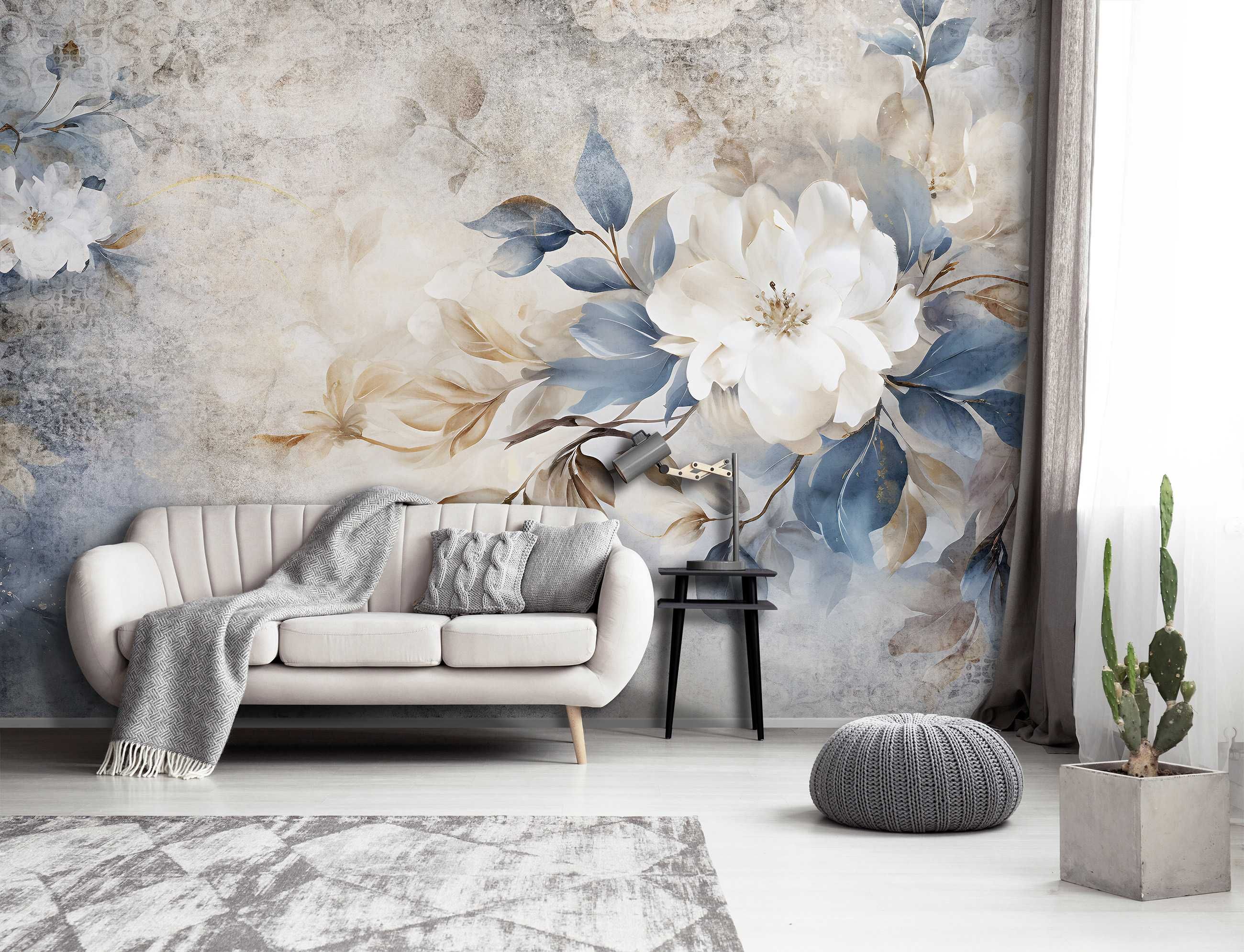 Fototapeta Biały Kwiat Beż Beton Loft Boho 3D Twój Rozmiar + KLEJ