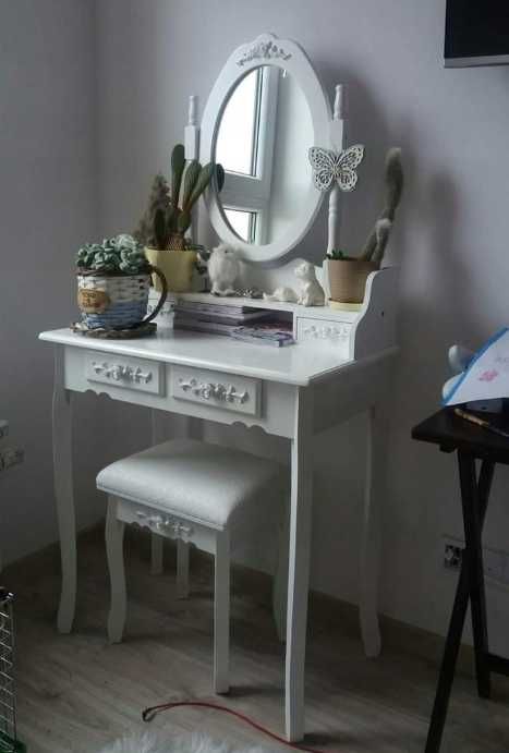 Nowa Toaletka Kosmetyczna z Lustrem Krzesełko Biała Biurko +Siedzisko