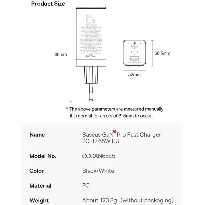 Зарядний пристрій BASEUS 65W GaN5 Pro + Кабель Type-C 100W