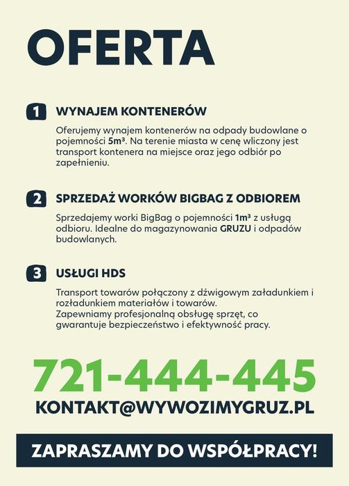 Wynajem kontenerów na gruz. Wywóz gruzu Biała Podlaska i okolice