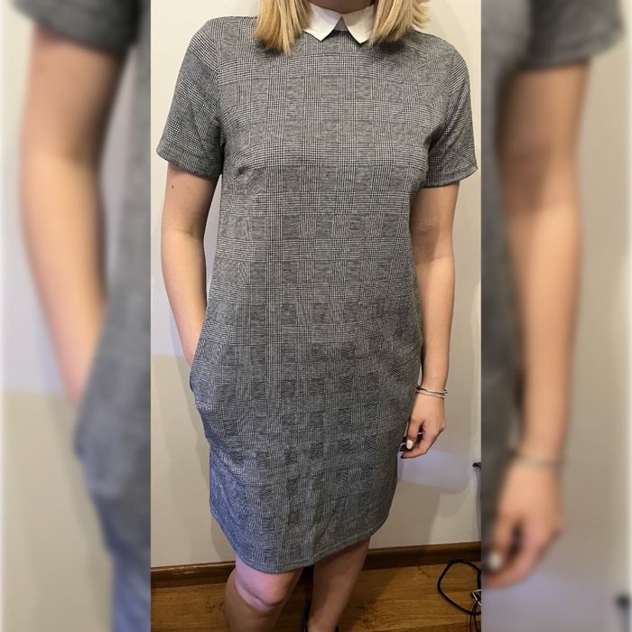 Szara sukienka kratka kołnierzyk kieszenie