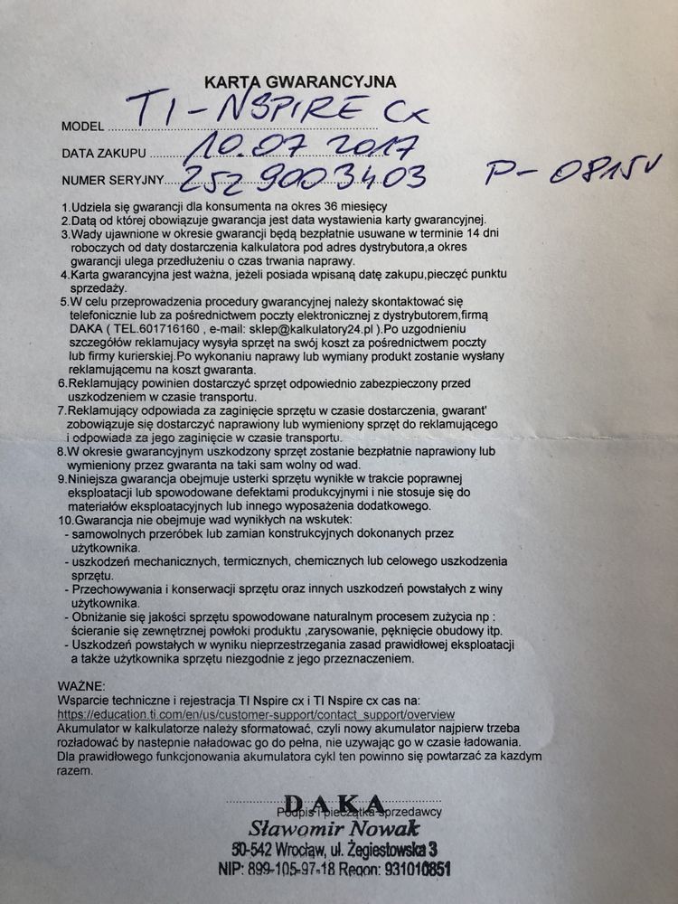 Kalkulator graficzny TI-nspire CX dowód zakupu licencja