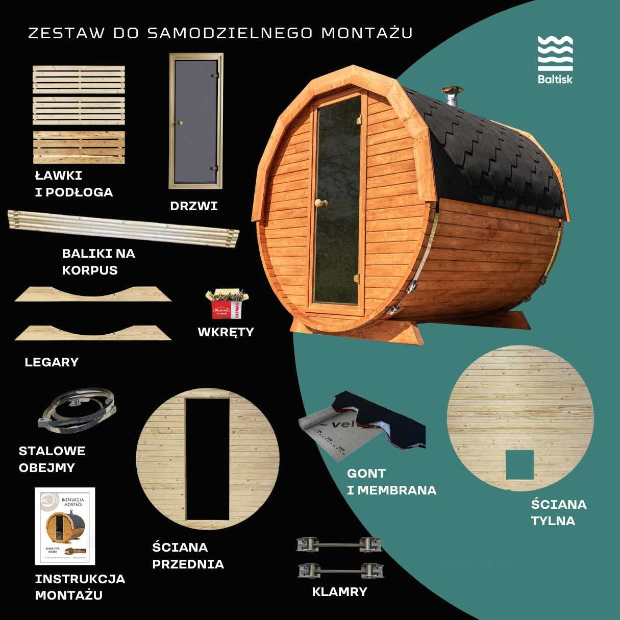Sauna ogrodowa typu Beczka 200cm - Sauna z paczki! Samodzielny montaż