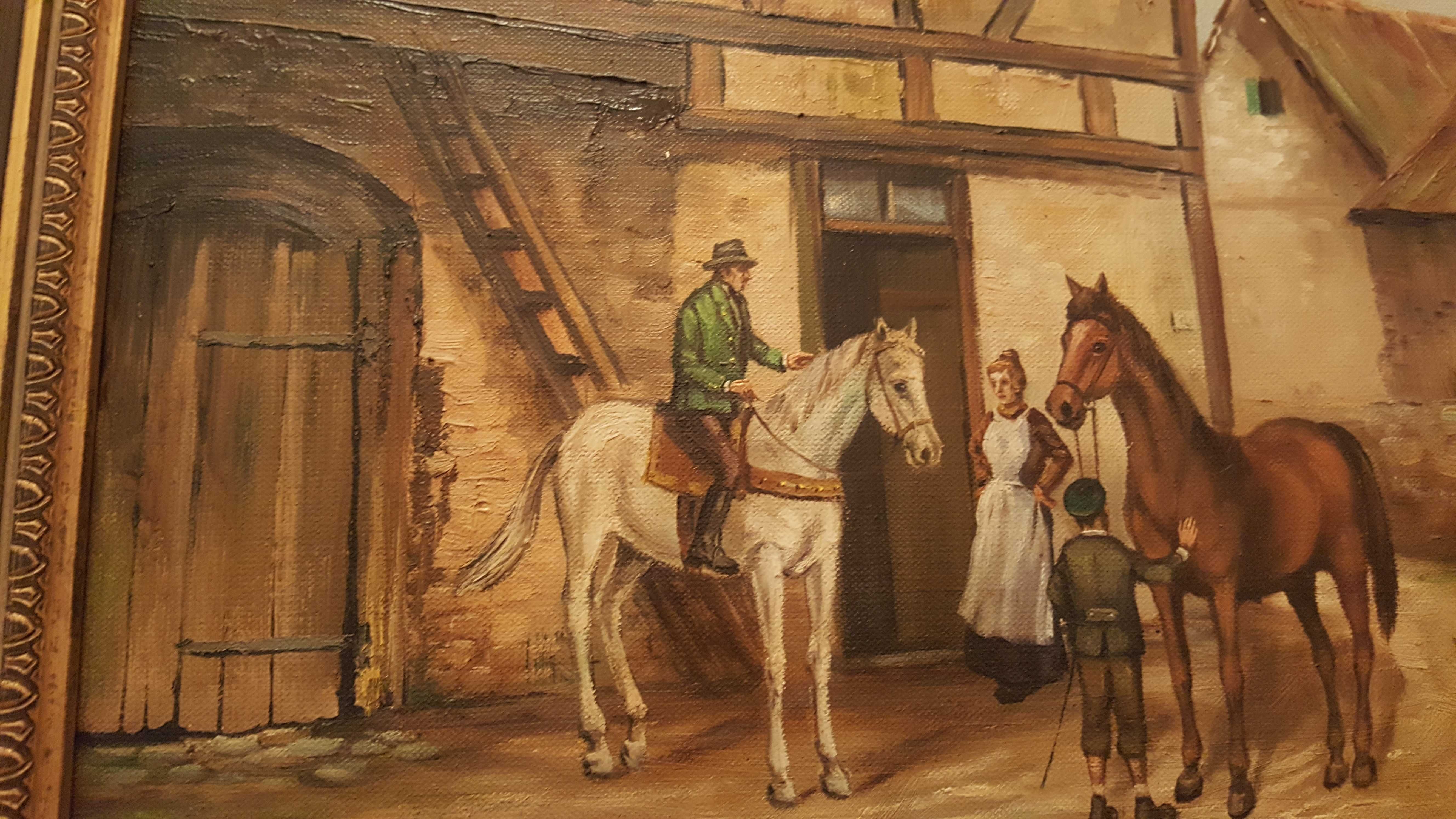 Obraz olejny Chata  wieś  konie Harri Noack