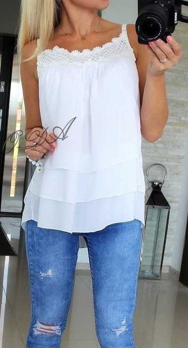 Biała bluzka boho style falbanki ażurkowe kwiaty