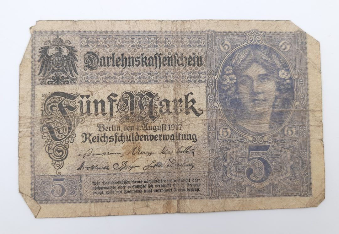 Stary Banknot kolekcjonerski Niemcy 5 marek 1917