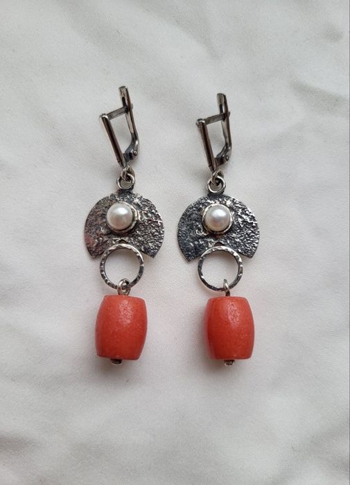 Серьги новые натуральный жемчуг коралл серебро 925 пробы