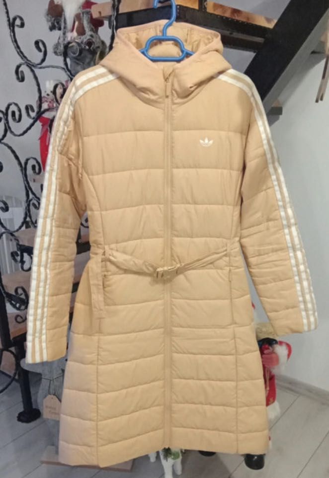 Puchowa adidas płaszcz, kurtka Hooded Premium Long z kapturem 40 42