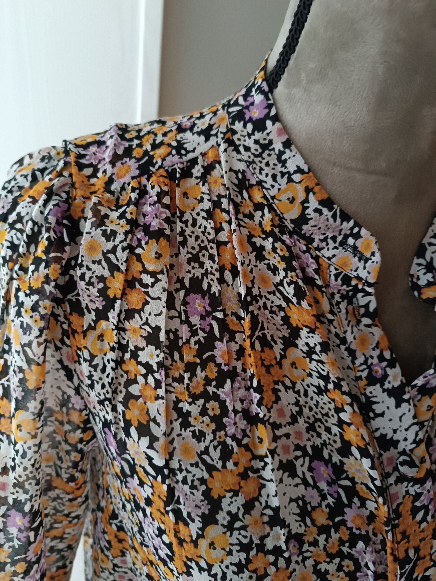 Sukienka letnia boho z długim rękawem w kwiatki zwiewna na okazję L-XL