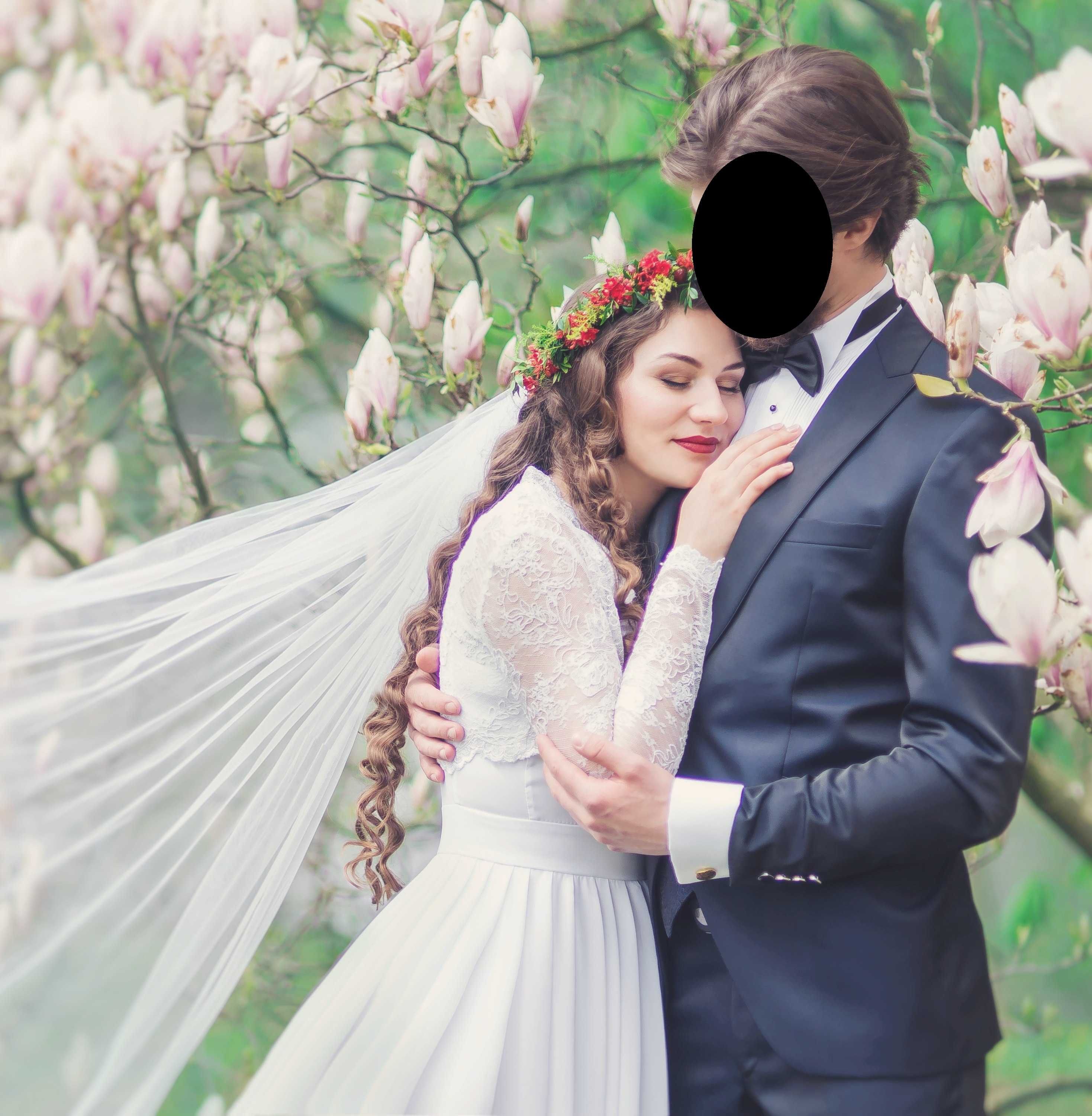 Prosta suknia ślubna biała koronka bolerko długi welon boho 36 38
